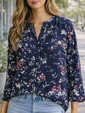 Hilary Radley Navy Floral Blouse